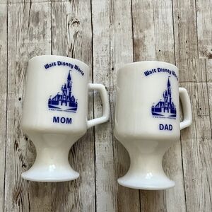 Vintage Walt Disney World Set of 2 White Milk Glass Pedestal Mugs for Mom & Dad